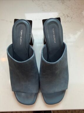 Tory Burch Blue Suede Block Heel Mules NEW, size 8
